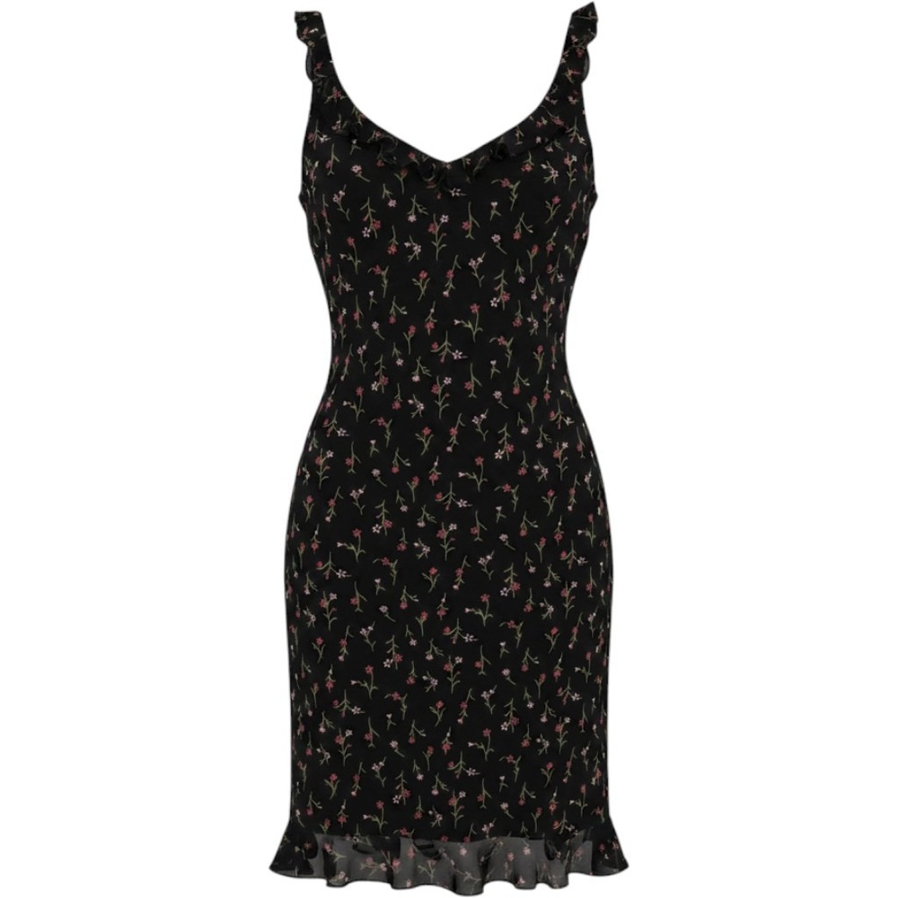 David Warren New York Black Floral Ruffle Midi Dress Sleeveless Rayon Size 6